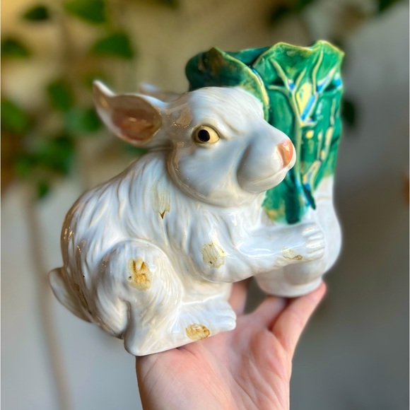 Vintage White Bunny Rabbit Planter with Green Leaf Pot Ceramic Mid Century MCM